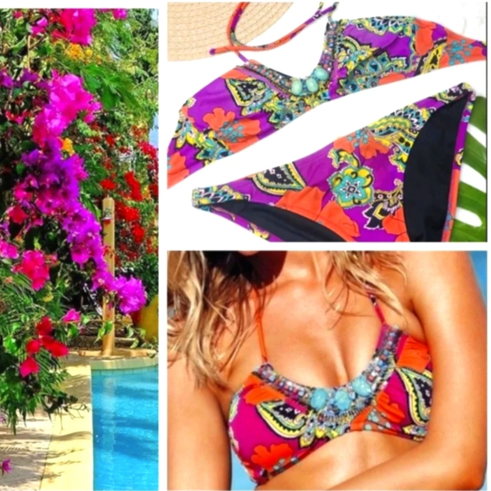 Victoria’s Secret Tropical Floral Paisley Turquoise Beaded Bikini